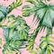 Seamless watercolor illustration of tropical leaves, dense jungle.