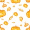 Seamless watercolor paint background of Halloween. Pumpkin and dried leaf