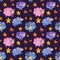 Seamless watercolor patten with fairy sheep and stars on a purple background