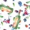 Seamless watercolor pattern with berry wine, bottle of wine, cocktail, glass with vermouth. A bottle of wine, champagne. Package,