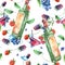 Seamless watercolor pattern with berry wine, bottle of wine, cocktail, glass with vermouth. A bottle of wine, champagne. Package,