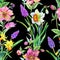 Seamless watercolor pattern on a black background of spring flowers: daffodils, hellebore, muscari.