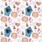 Seamless watercolor pattern with blue birdhouse, berries, cotton.