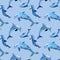 Seamless watercolor pattern with blue dolphins. Ocean animals on blue background. Textile print with hand drawn dolphin,