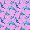 Seamless watercolor pattern with blue dolphins on pink background.