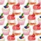 Seamless watercolor pattern of cakes with meringue and raspberry cupcake with strawberry and blackberry on white