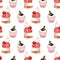 Seamless watercolor pattern of cakes with meringue and raspberry cupcake with strawberry and blackberry on white