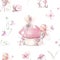 Seamless watercolor pattern with cartoon fairies, flowers, mushrooms, butterflies