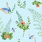 Seamless watercolor pattern with cloudberry leaves and berries, fern, green branches, blue butterfly. Botanical summer