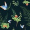 Seamless watercolor pattern with cloudberry leaves and berries, fern, green branches, blue butterfly. Botanical summer