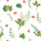 Seamless watercolor pattern with cloudberry leaves and berries, fern, green branches, yellow wildflowers. Botanical