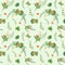 Seamless watercolor pattern with cloudberry leaves and berries, fern, green branches, yellow wildflowers. Botanical