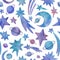 Seamless watercolor pattern with colorful planets, stars and comets on white background.