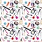 Seamless watercolor pattern with cosmetic, beauty items