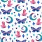 Seamless watercolor pattern with crystals, moons, moths, stars