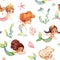 Seamless watercolor pattern with cute multiracial girls mermaids, sea elements, sea stars, fishes, flowers etc Girls