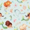 Seamless watercolor pattern with cute multiracial girls mermaids, sea elements, sea stars, fishes, flowers etc Girls