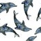 Seamless watercolor pattern of dark gray dolphins.