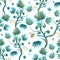 seamless watercolor pattern decorative fabulous flowers of blue and golden color on white background