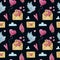 Seamless Watercolor pattern with doves, letters.