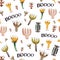 Seamless watercolor pattern of dried flowers in primitivism style with the phrase boo.