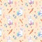 Seamless watercolor pattern with Easter bunnies with carrots, willow twigs, flowers on a white background