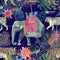 Seamless watercolor pattern with elephant, tigers, leaves, flowers.