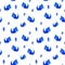 Seamless watercolor pattern of folk birds and flowers. The illustration is executed in naive style in ultramarine color.