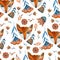 Seamless watercolor pattern of foxes surrounded by flowers and plants