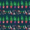 Seamless watercolor pattern gardening theme potted seedlings and gardening tools, horizontal, on dark blue background