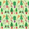 Seamless watercolor pattern gardening, theme potted seedlings and gardening tools, on pale green background