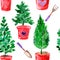 Seamless watercolor pattern, gardening theme, potted seedlings and gardening tools, wrapping paper, wallpapers, textiles