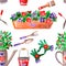 Seamless watercolor pattern, gardening theme, potted seedlings, watering can and gardening tools, wrapping paper,