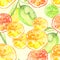 Seamless watercolor pattern - hand drawing threads of lemon, Orange, lime  with leaves. Trendy pattern. Painting Citrus fruits. or