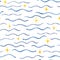 Seamless watercolor pattern with hand drawn blue waves and yellow sparkles