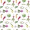 Seamless watercolor pattern with Hand drawn vegetables. Beetroot, radish, carrot, beans, peas, pod, artichoke, chili