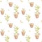 Seamless watercolor pattern with home plants in brown pots. Rosemary, Herbals, flowers, leaves and lush foliage.