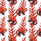 Seamless watercolor pattern. Hyperrealistic nature of the tropics of Asia - red panda and red plant