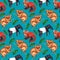 Seamless watercolor pattern hyperrealistic nature of the tropics of Asia - tapir, tarsier, red panda and palm leaves