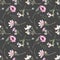 Seamless watercolor pattern with the image of beautiful wildflowers - chamomile, poppy, thistle, forget-me-not, on a gray