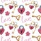 Seamless Watercolor pattern with keys, lock, love