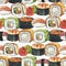 Seamless watercolor pattern with a large set of sushi rolls, wasabi and ginger on a light background