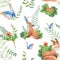 Seamless watercolor pattern with mother and baby fox, cloudberry leaves and berries, fern, green branches, blue