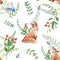 Seamless watercolor pattern with mother and baby fox, green leaves and red berries, fern, branches, blue butterfly