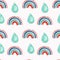 Seamless watercolor pattern of multicolored rainbows and raindrops.