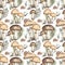 Seamless watercolor pattern with mushrooms. Hand-drawn oiler and spider web yellow fungus repeat paper . Design for clothing,