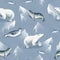 Seamless watercolor pattern about north fauna. Ice and sea animal. White bear, seal on snow