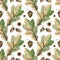 Seamless watercolor pattern with oak leaves and acorn. Autumn background with green and brown leaf, acorns, tree branch for fall