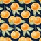 Seamless watercolor pattern with orange tangerines, with leaves on a dark blue background