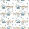 Seamless watercolor pattern with painted modern robots for pets. Gears, science, technology, gadgets for life